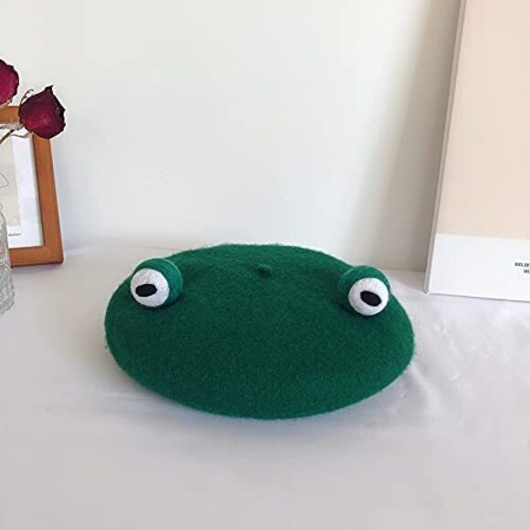 2568 Women Handmade Green Frog Eyes Balls Beret Hat Soft Wool Cap Winter